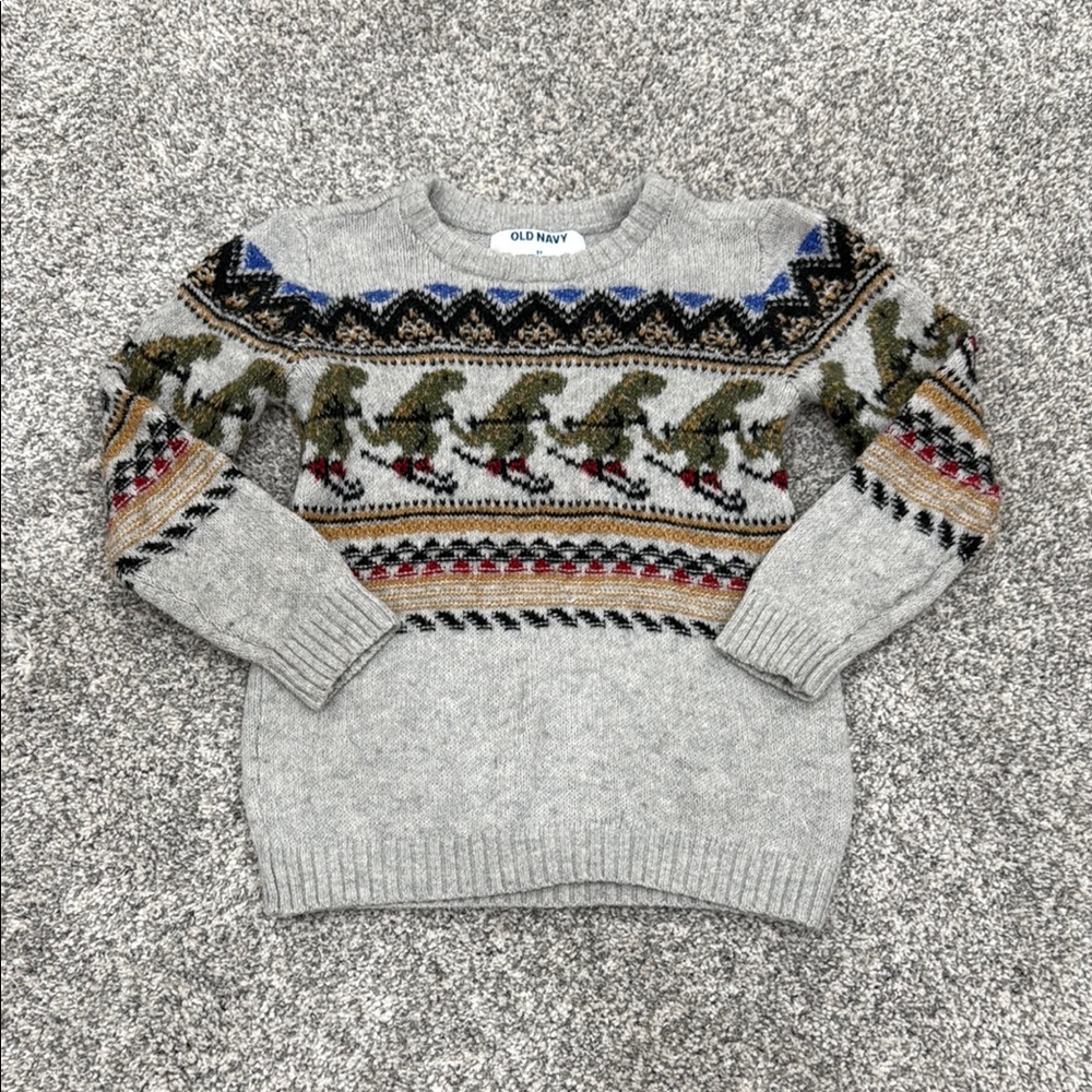 Old Navy Gray and Green Dinosaur skiing Crewneck Sweater 3T